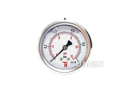 Manometer glycerínový so zadným vývodom, priemer 63mm, vonkajší závit G 1/4", 0-1bar, trieda presnosti 1,6%, priezor akryl, púzdro nerezová oceľ, -40°C/+60°C